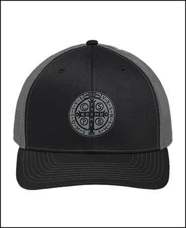 Baseball cap with a St. Benedict medal embroidered on it