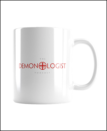 Coffee mug with The Demonologist Podcast logo on it